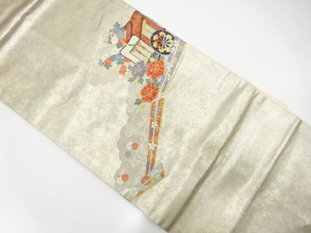 青銅箔御所車に扇・牡丹・菊模様織出し名古屋帯